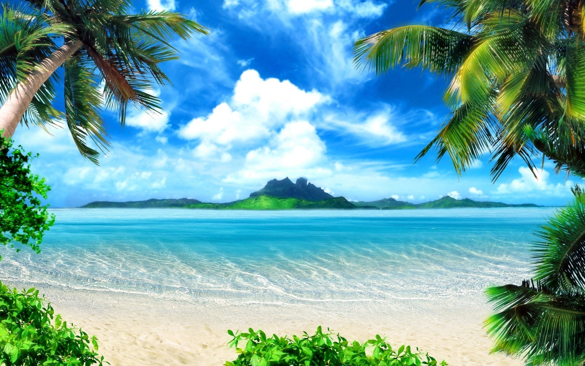 A beach with blue water on the coast of the tropics