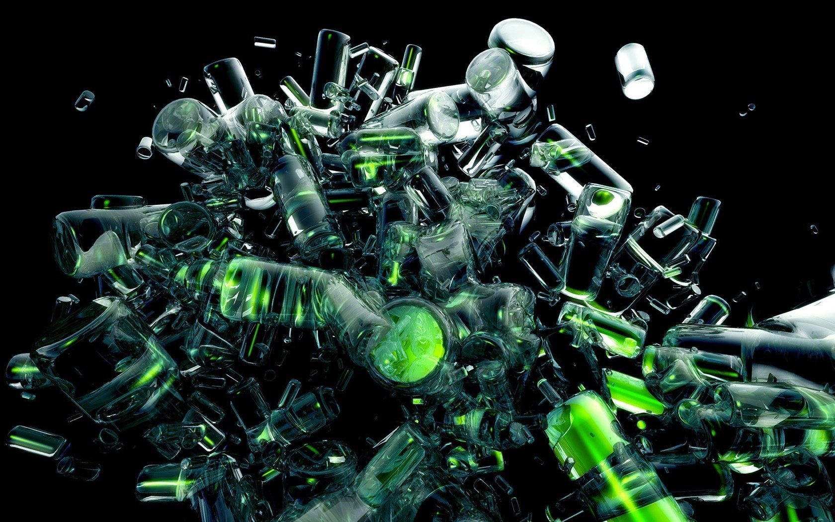 Background of a pile of space debris and green liquid in glass bottles