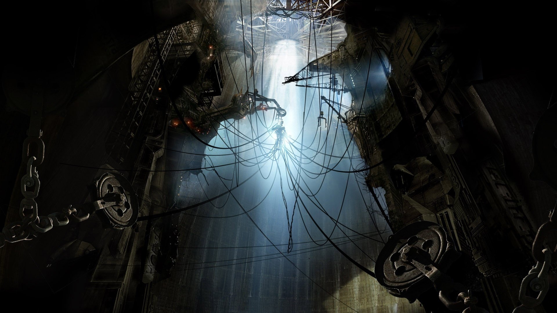 A chasm with laser lights, coils and ropes