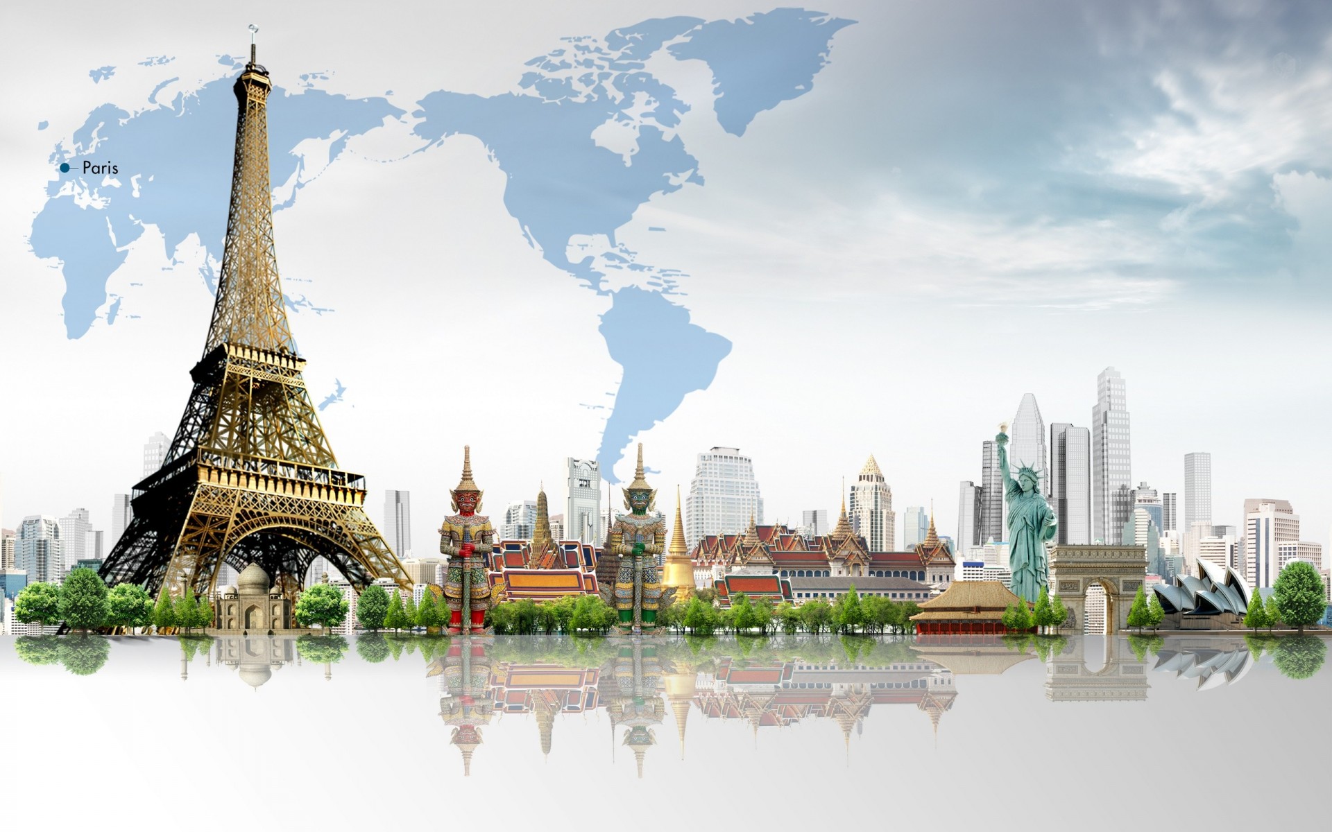 tree skyscraper statue of liberty