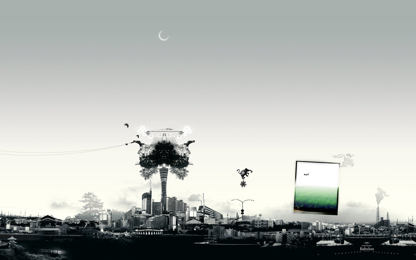 The grey city of the future with a window to a better world