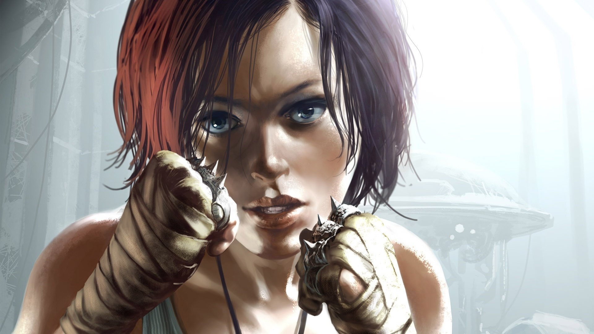 A pretty girl with brass knuckles on her fingers is ready to fight