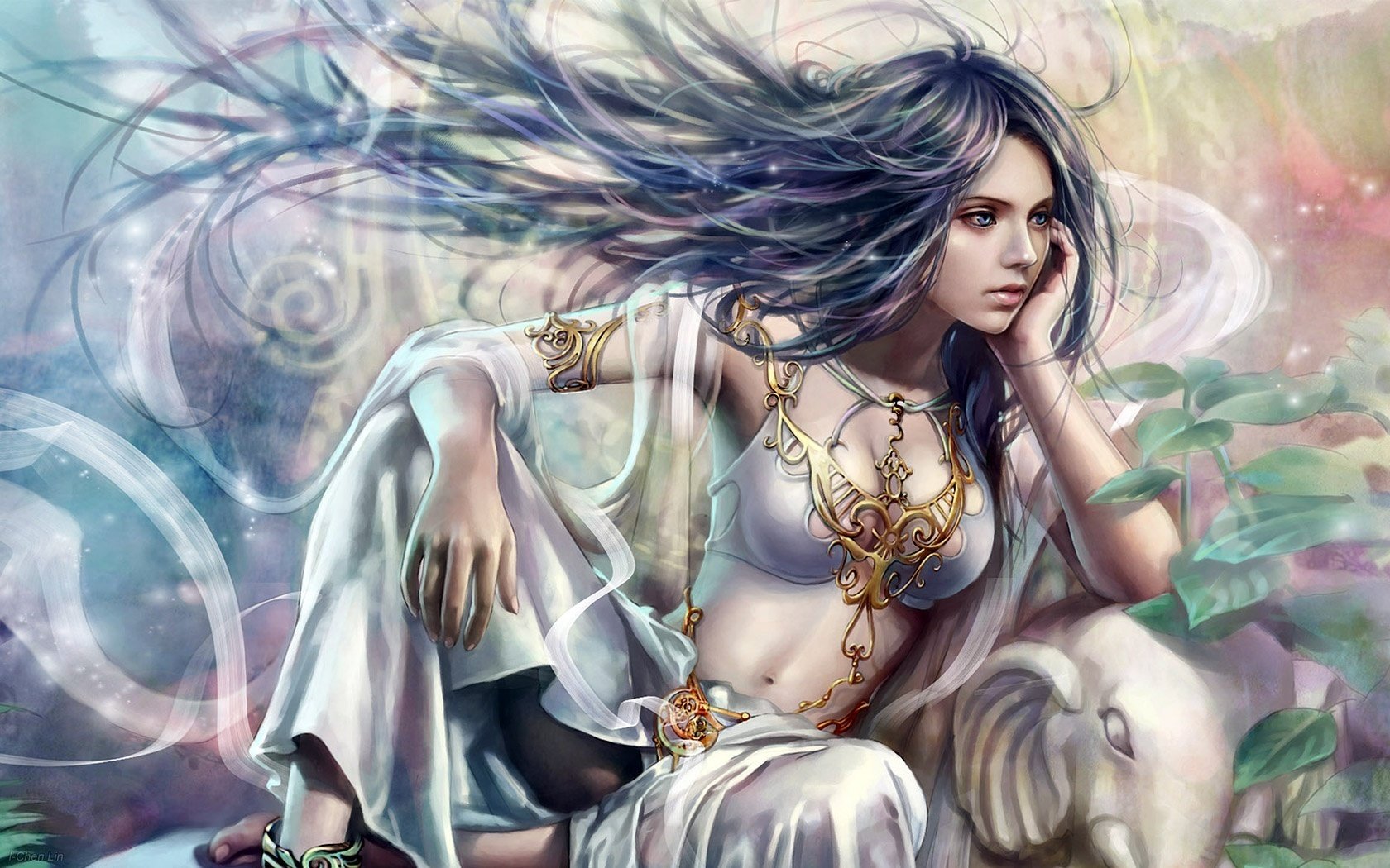 Oriental beauty with blue hair in thought