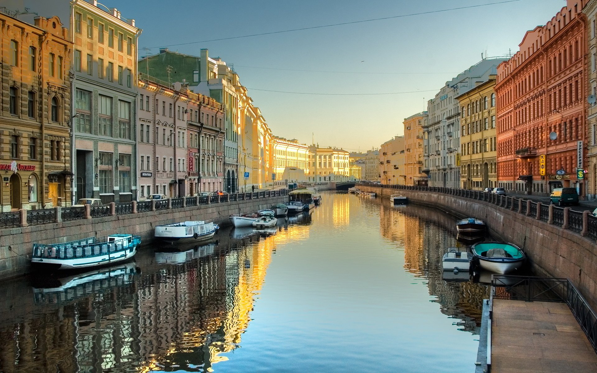 Water channel in the city at sunset