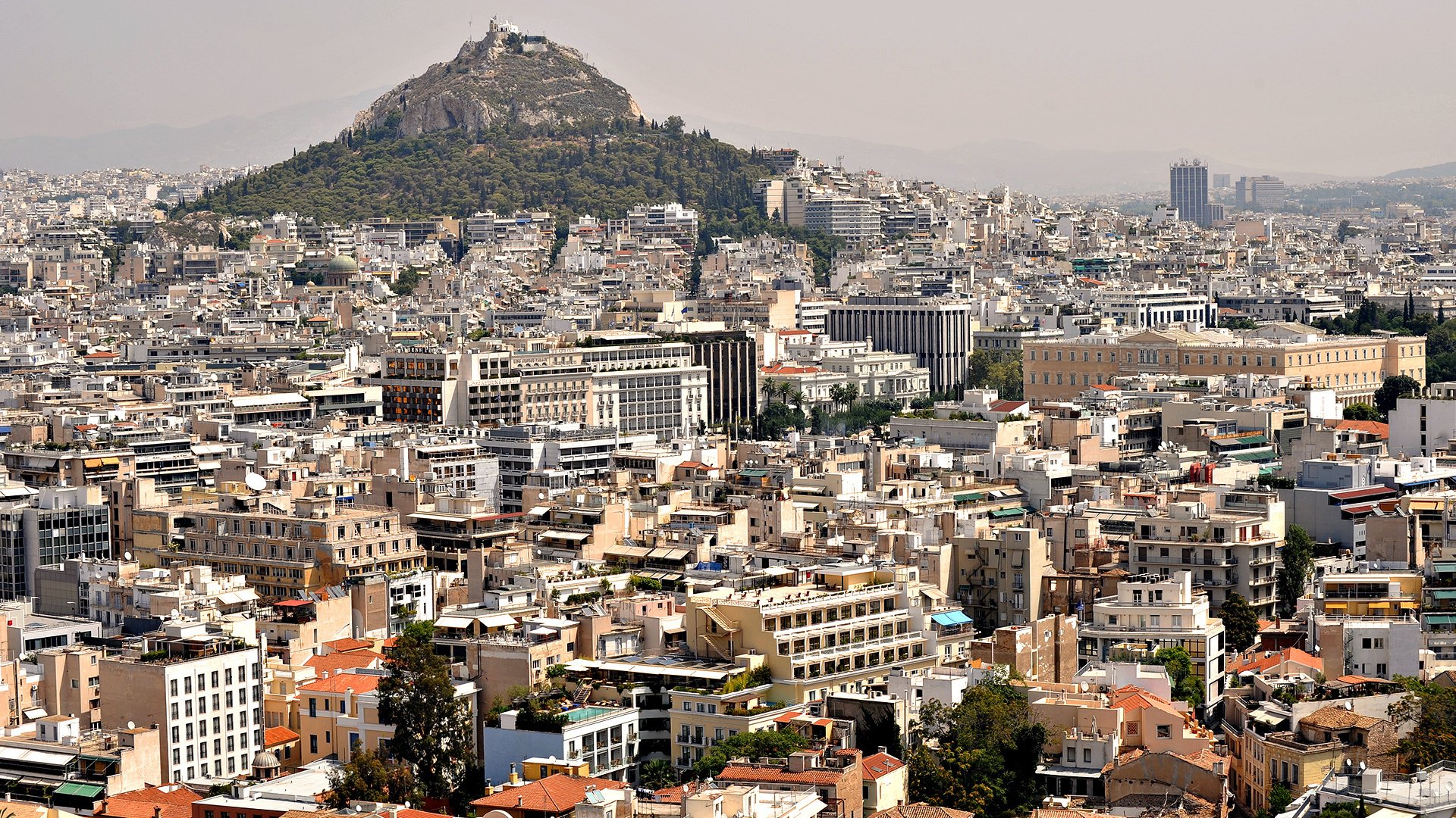 Houses of a small town on the background of a mountainous area