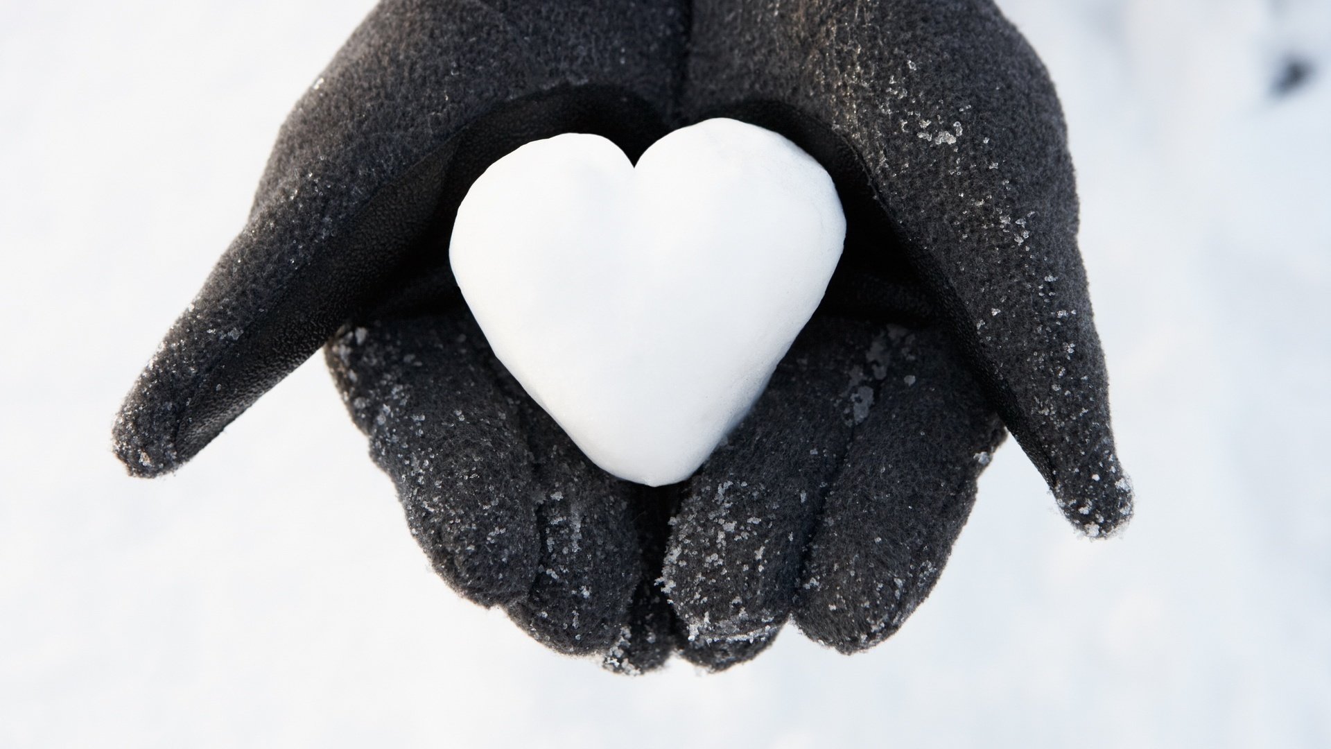 A white heart made of snow in the palms of your hands