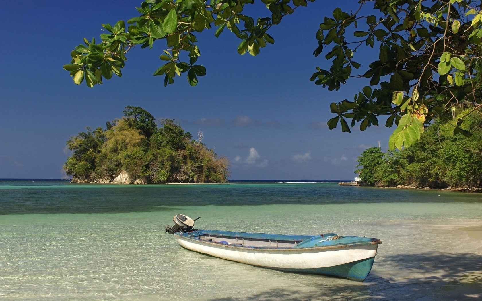 A boat on clear sea water near the shore against a background of blue sky and green vegetation