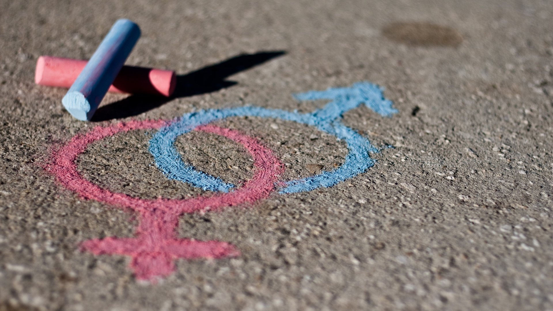 On the asphalt, pink and blue marks are drawn with the symbols of a female and a male child