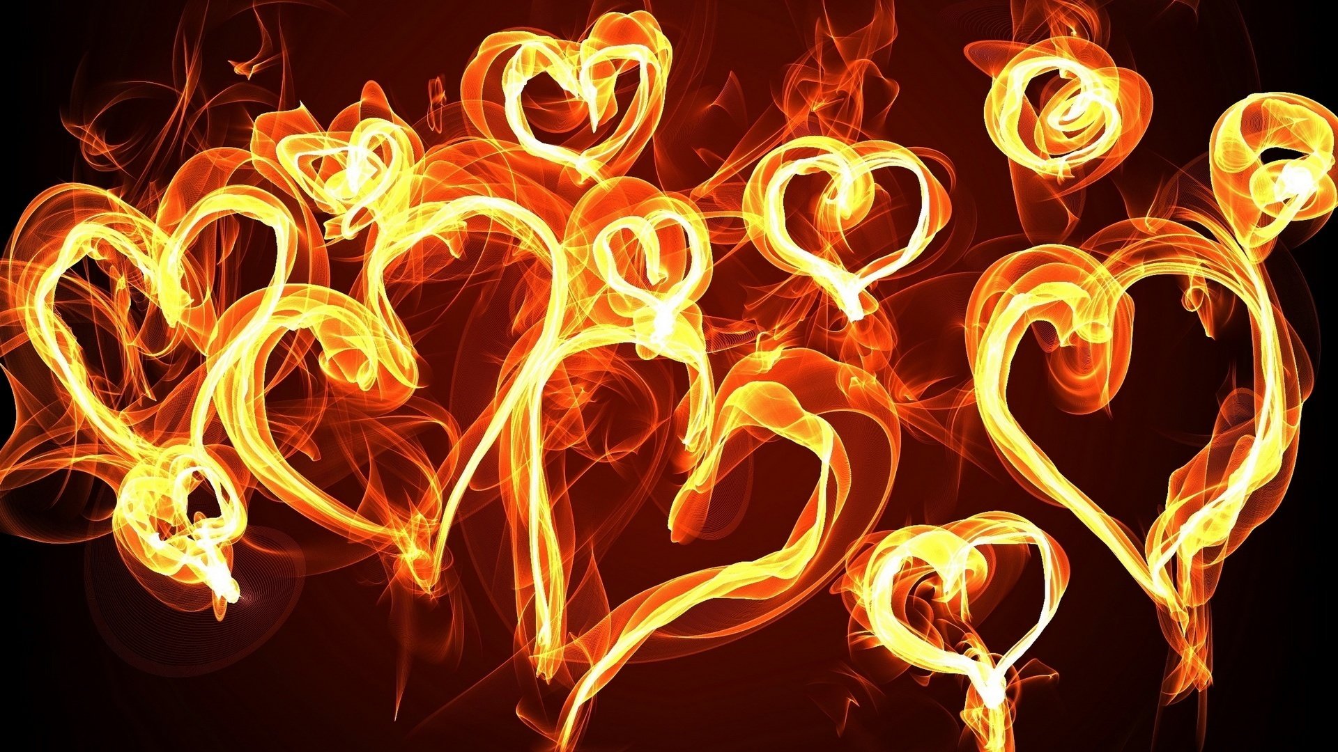 On a black background, the fiery contours of hearts