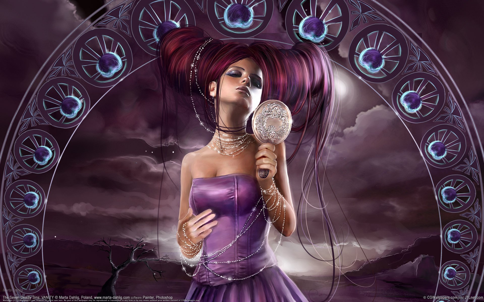 A model in a purple dress with a cool hairstyle