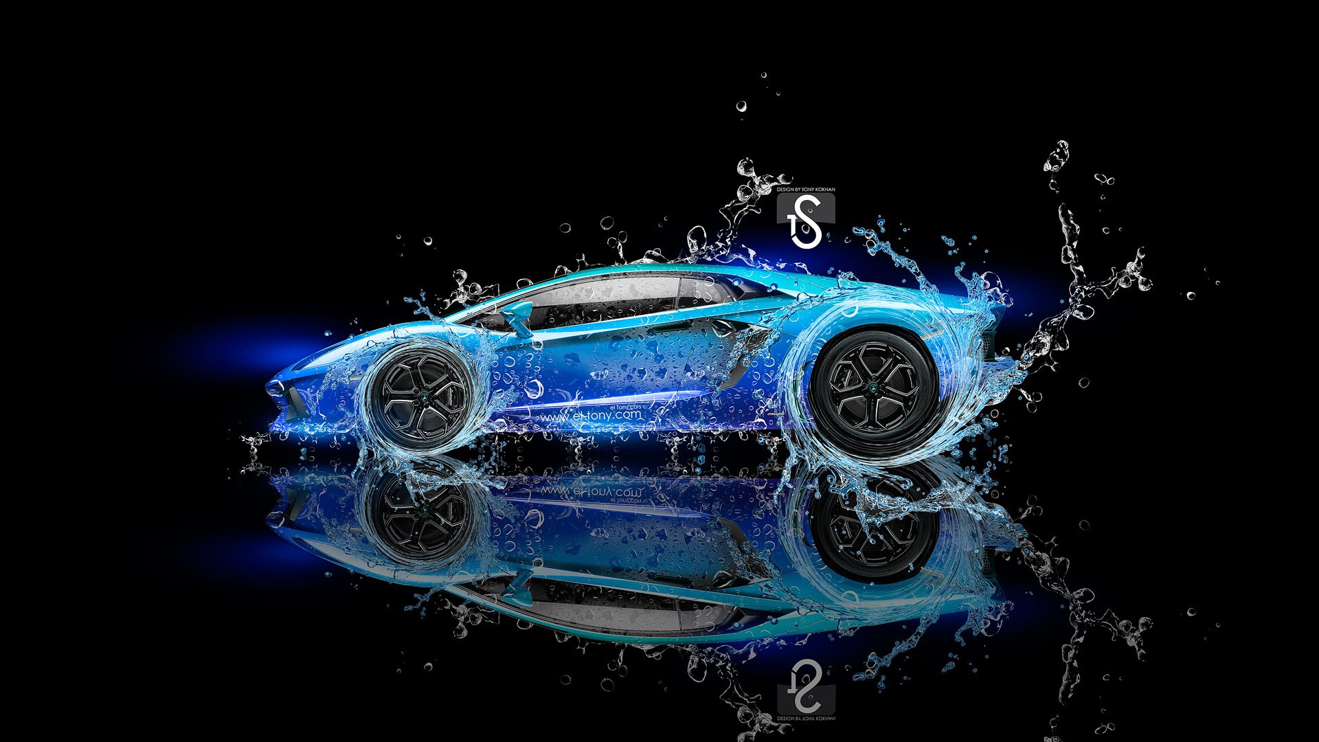 lamborghini aventador water fantasy neon blue el tony cars tony kokhan design black effects background photoshop