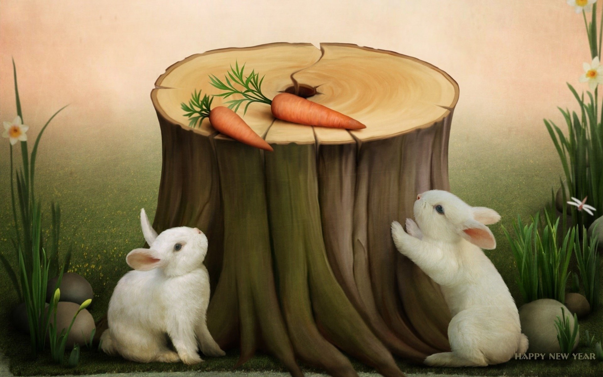 Picture two bunnies a stump and a carrot