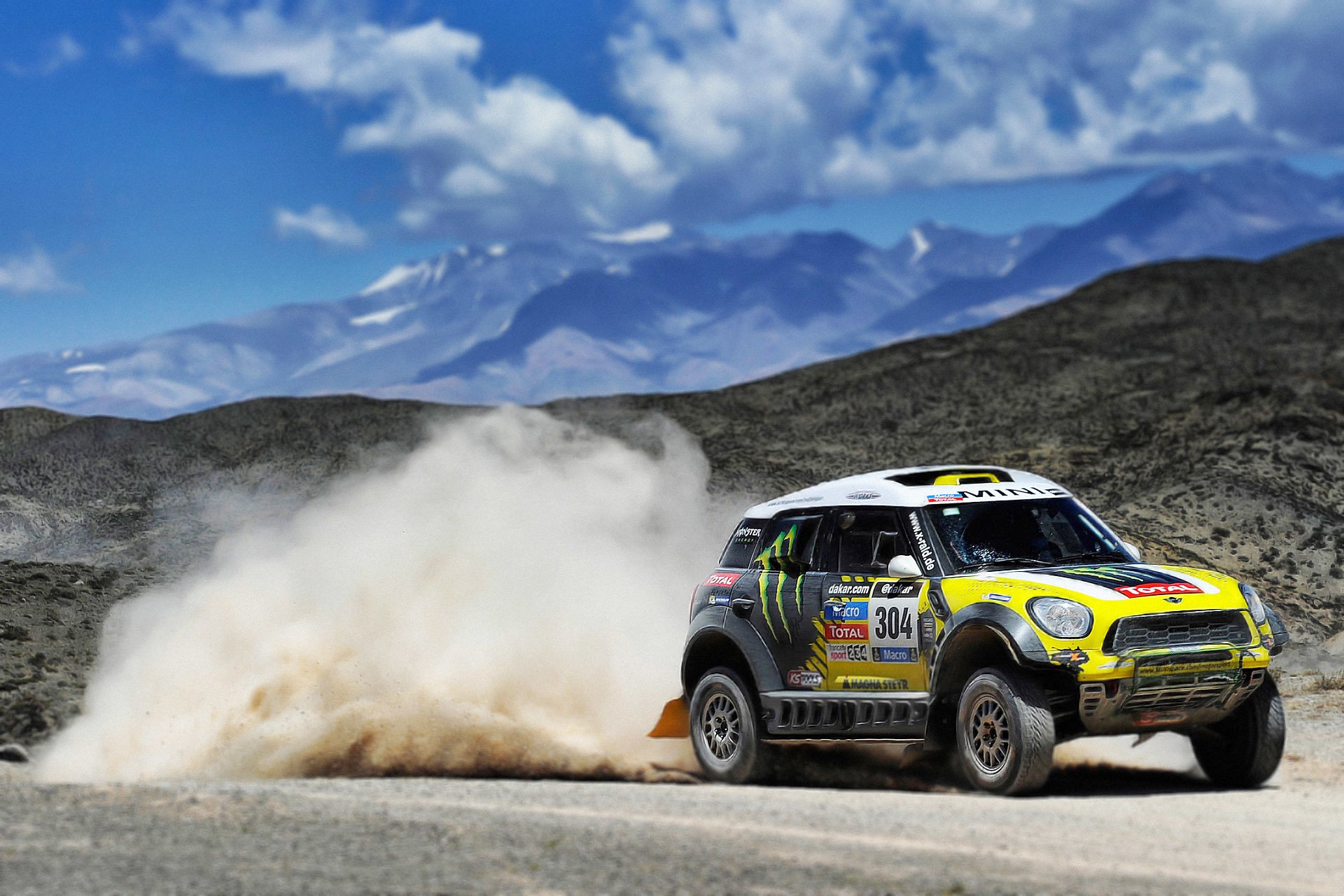 mini mini cooper car machine dakar rally sports yellow a side view dust mountain