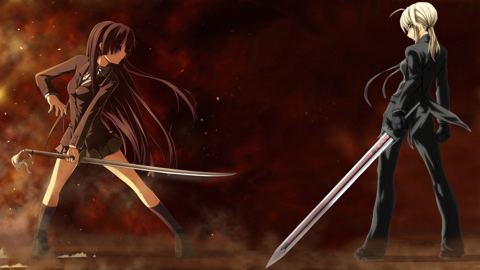 Anime girls with swords in a duel on a burgundy background