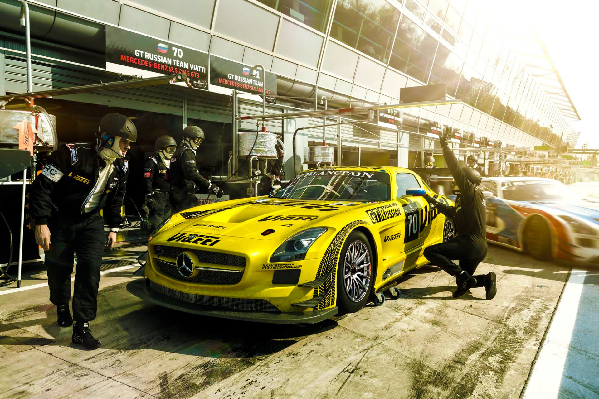mercedes-benz sls amg gt3 yellow gt russian team viatti race pit stop