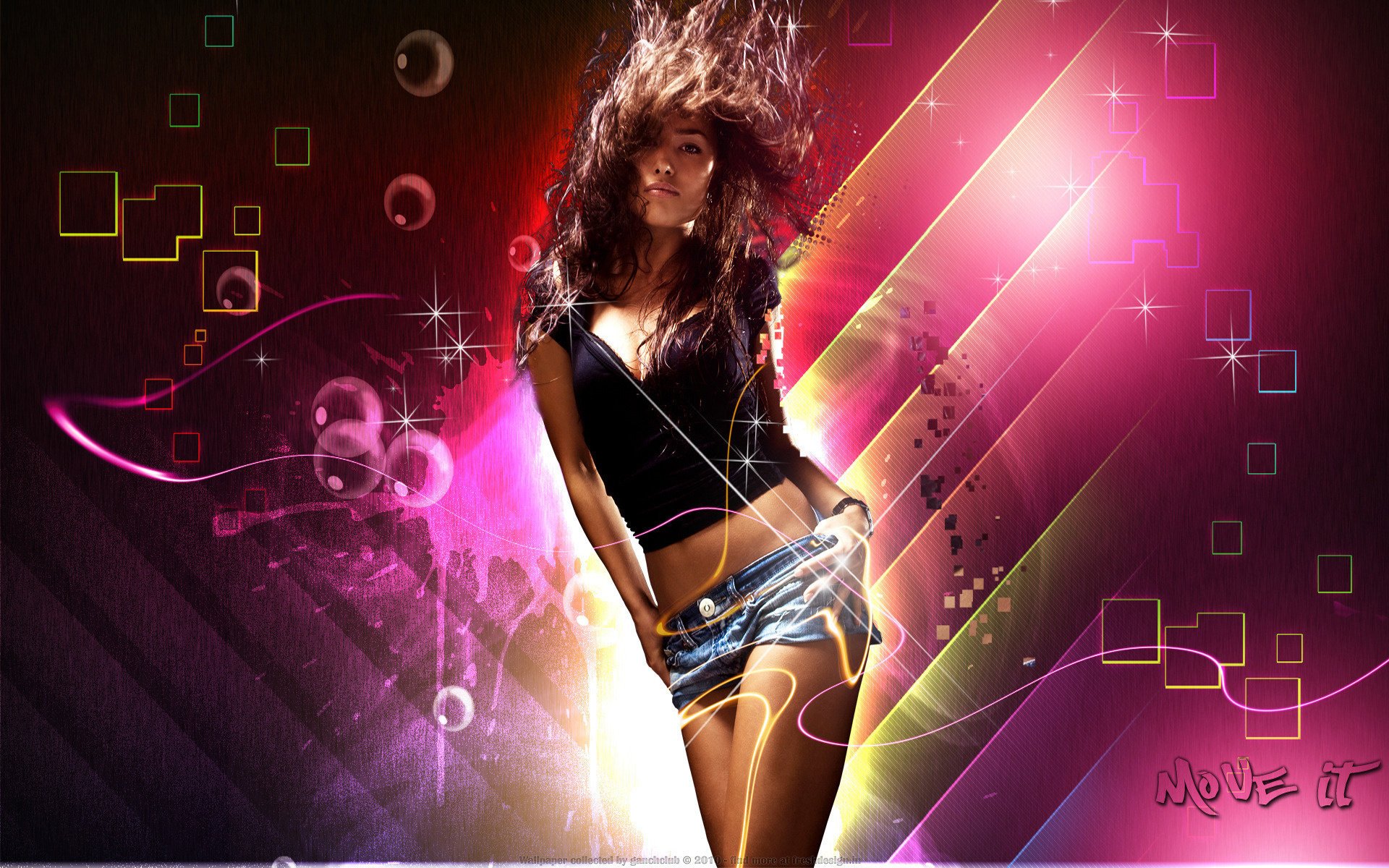 A girl in a dance dressed in a mini skirt and top on an abstract background