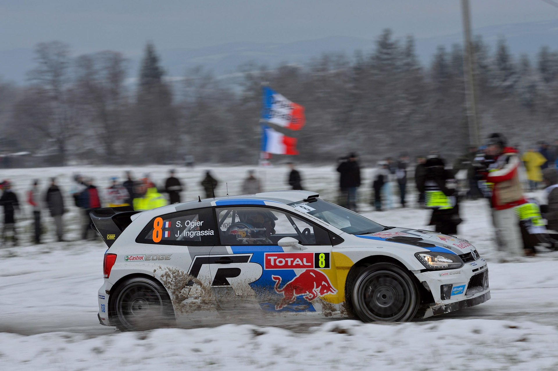 volkswagen polo wrc rally sports machine snow winter white car red bull sebastien ogier julien ingrassia a side view people