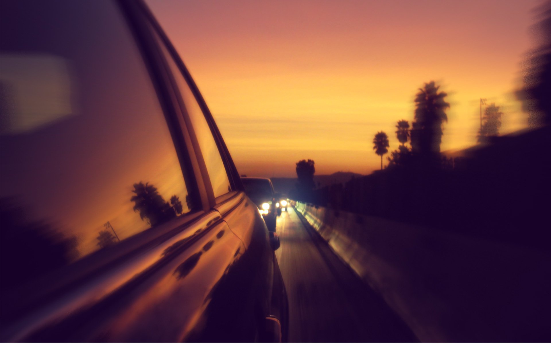 Night traffic jam on the highway at sunset
