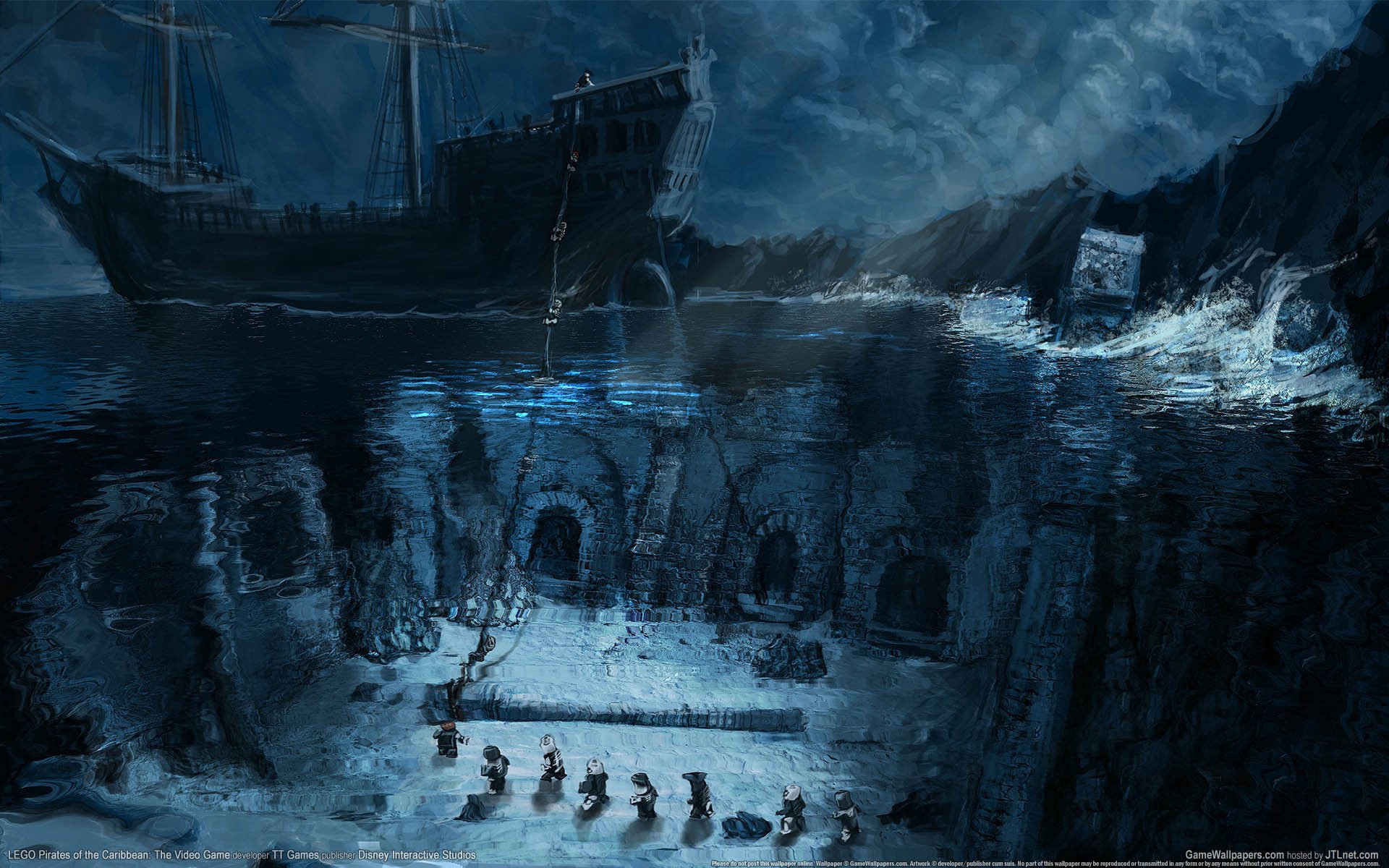 An abandoned lego fortress with a ship in the background