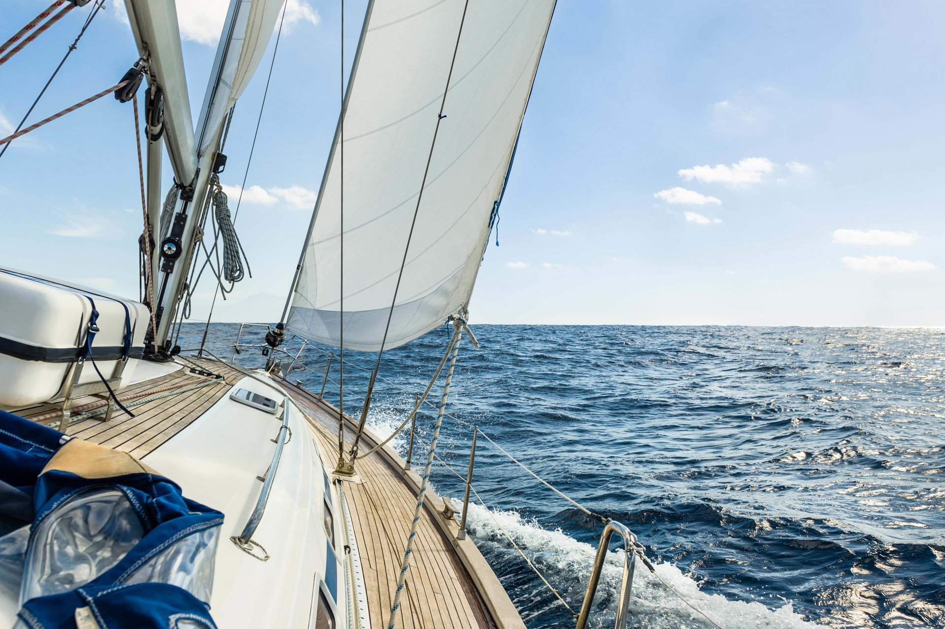 yacht deck sail sky wind travel waves sea spray horizon front space adventure speed ship marine boat summer tourism sports bokeh wallpaper.
