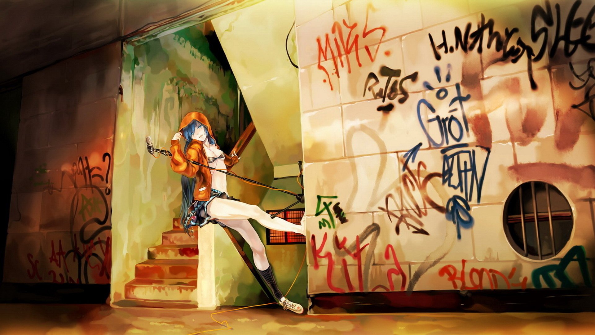 A girl with bare legs on the background of an entrance painted with inscriptions