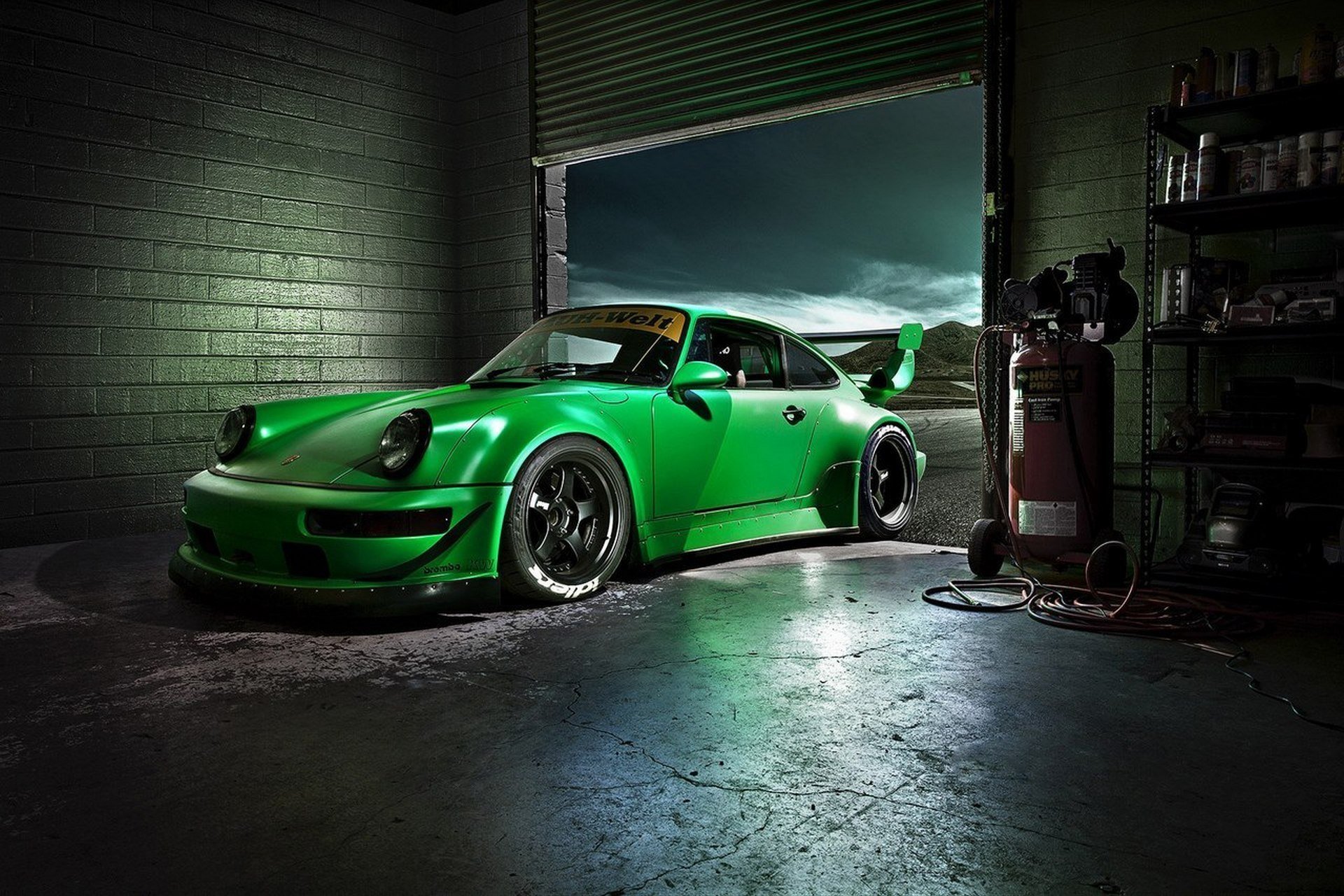 car wallpapers green porshche carrera rs rwb beautiful desktop vehicles porsche rmb machine garage front