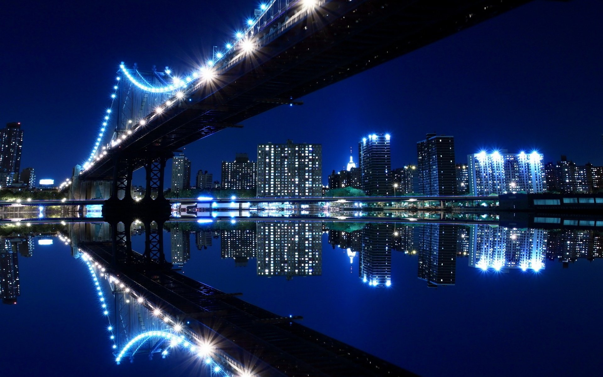 The night city and the bridge and the mirror image in the water