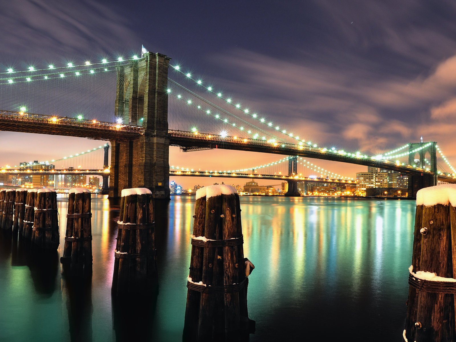 Night sky on the background of a beautiful New York bridge