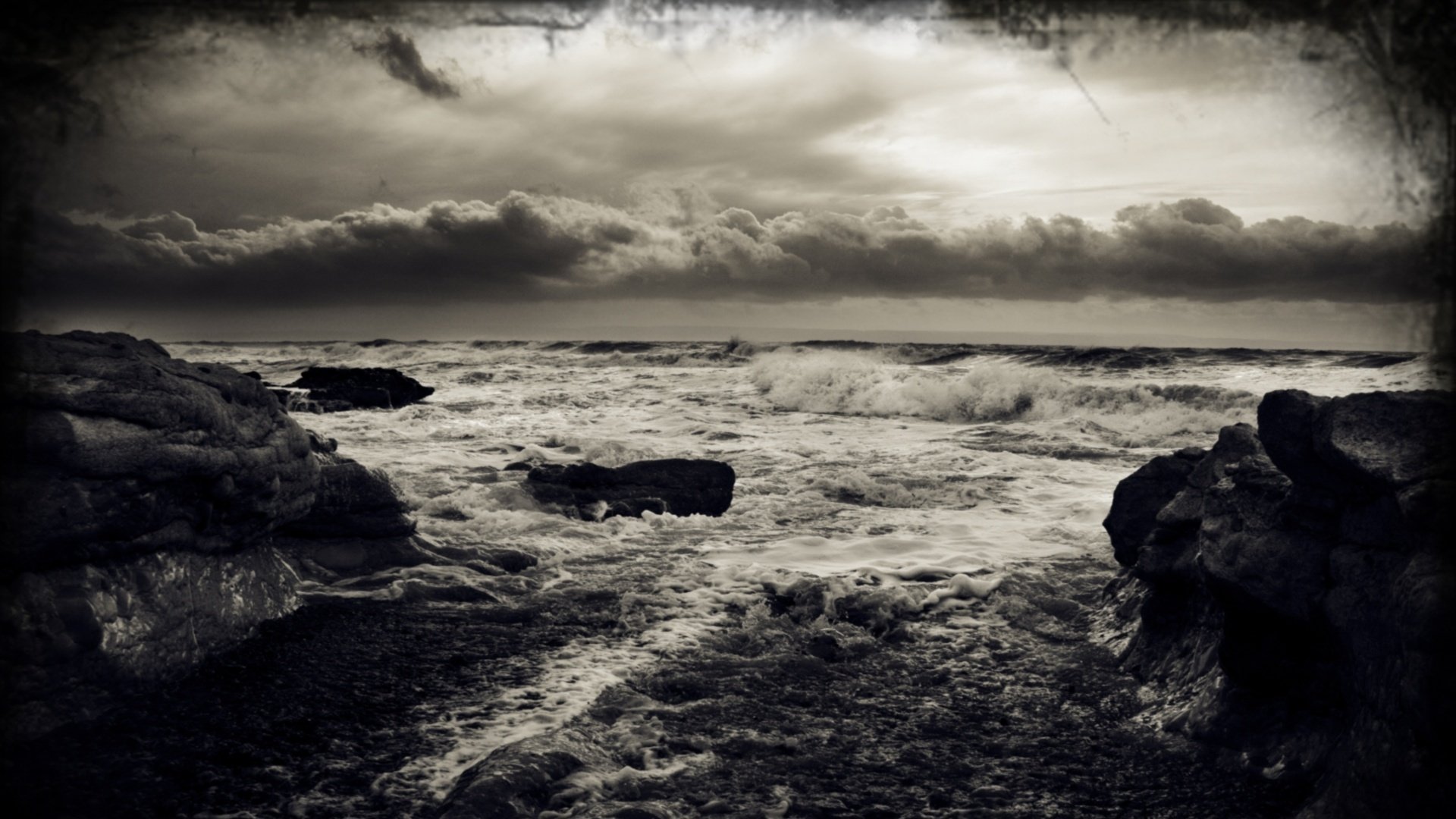 Landscape of the sea in a storm in black and white