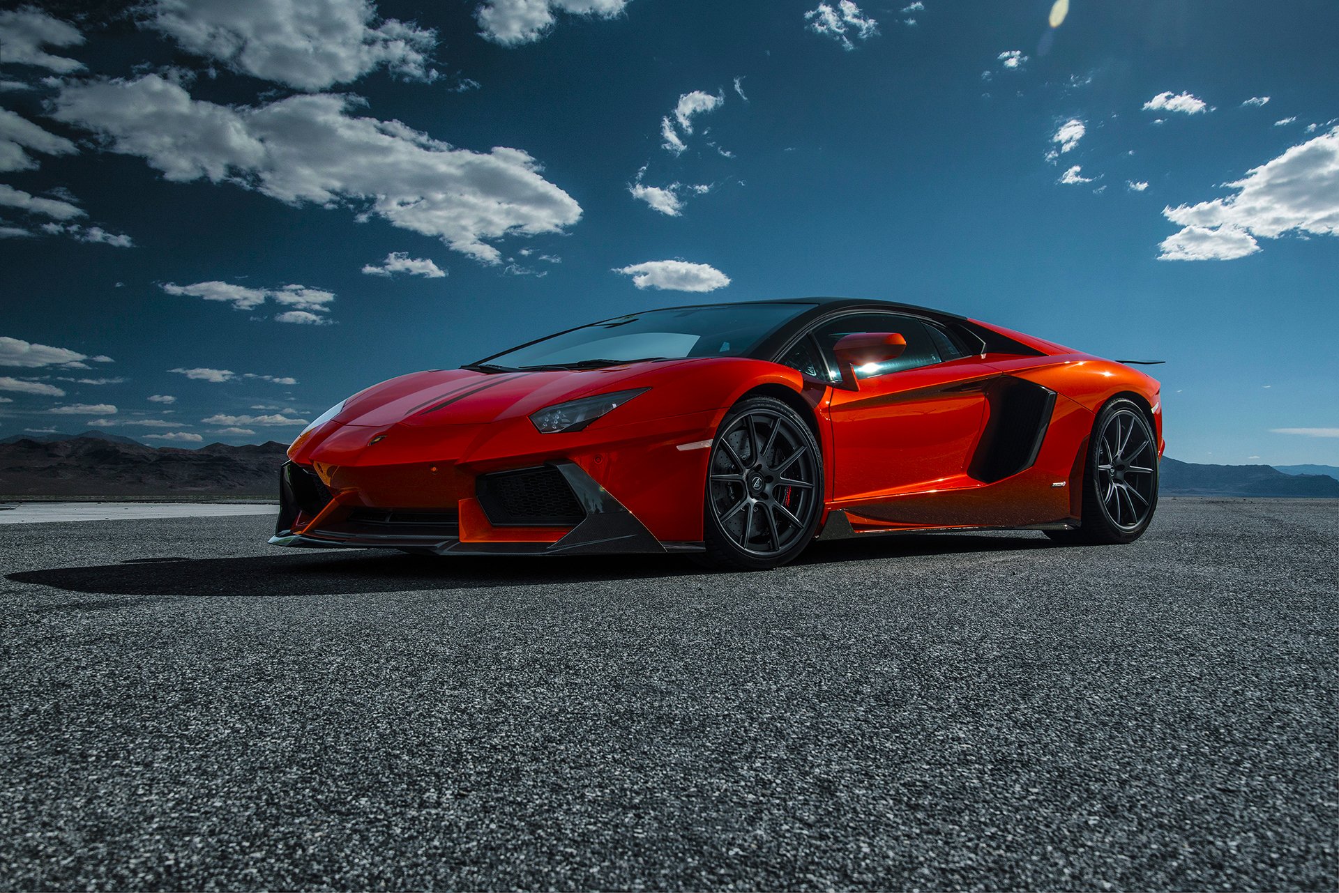 lamborghini aventador-v lp740-4 zaragoza vorsteiner supercar orange front desert sky clouds