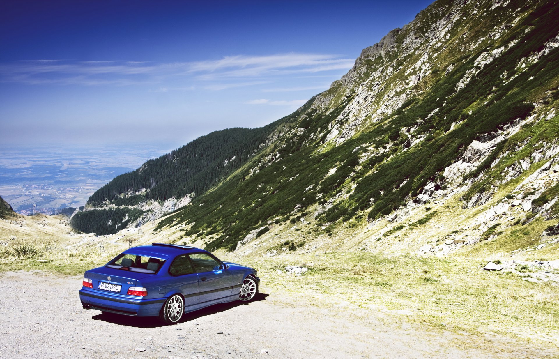 bmw m3 e36 stance blue mountain landscape boomer classic