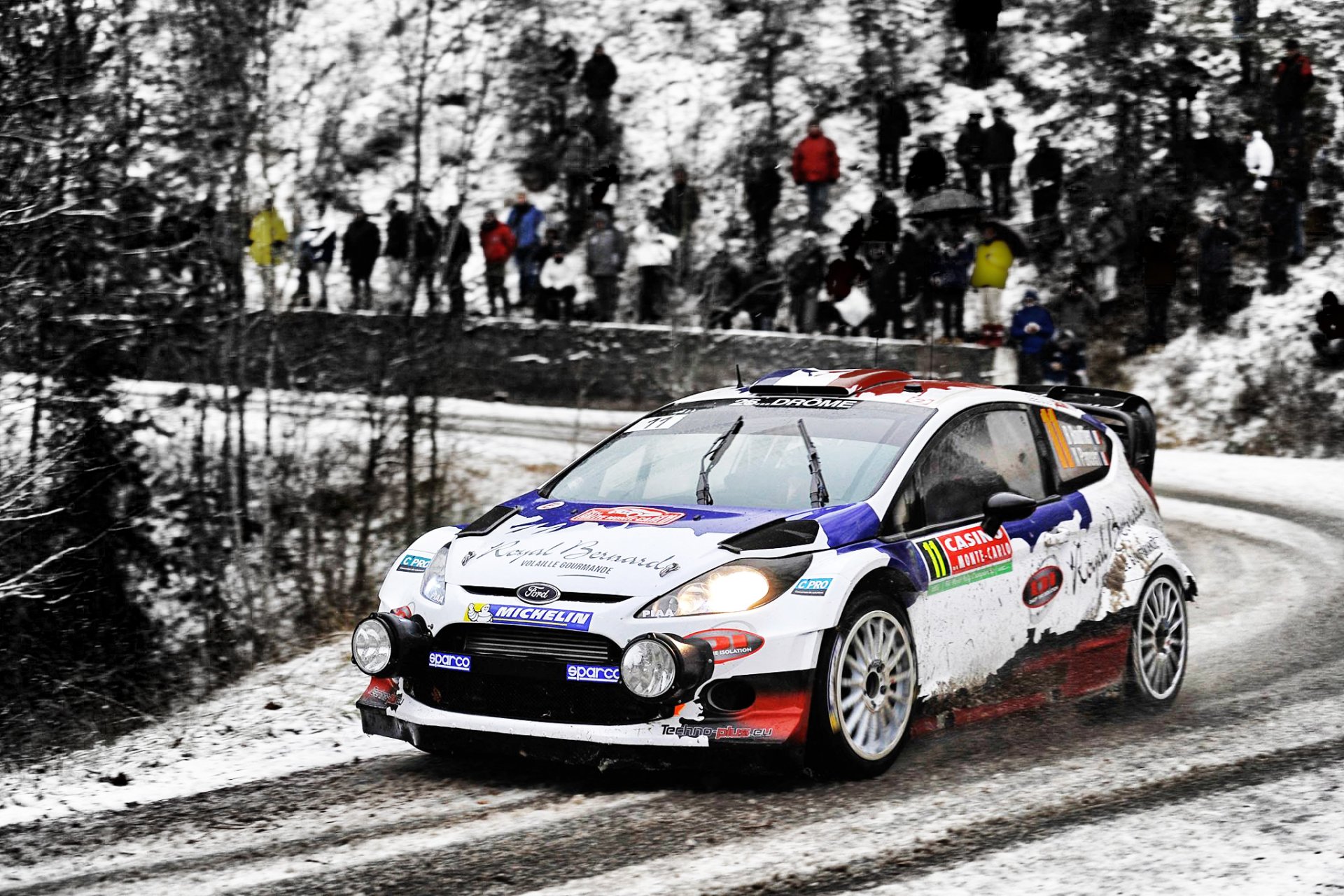 ford fiesta wrc rally sports race car winter snow people white light