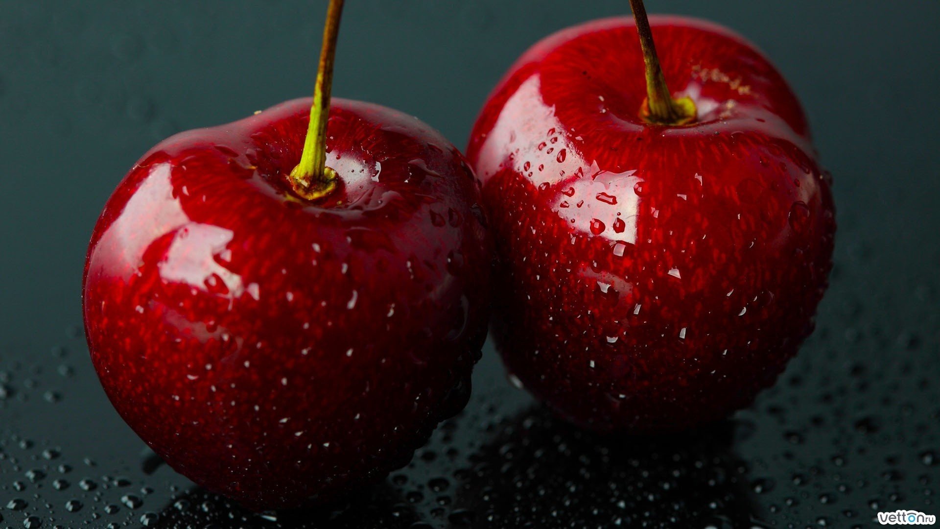 Cherry berry fruits with water drops in magnification