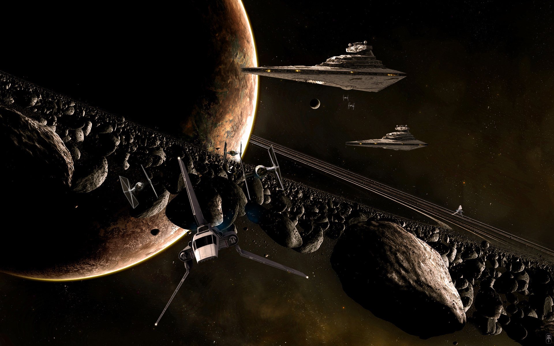 Flying ships from star Wars on the background of the planet