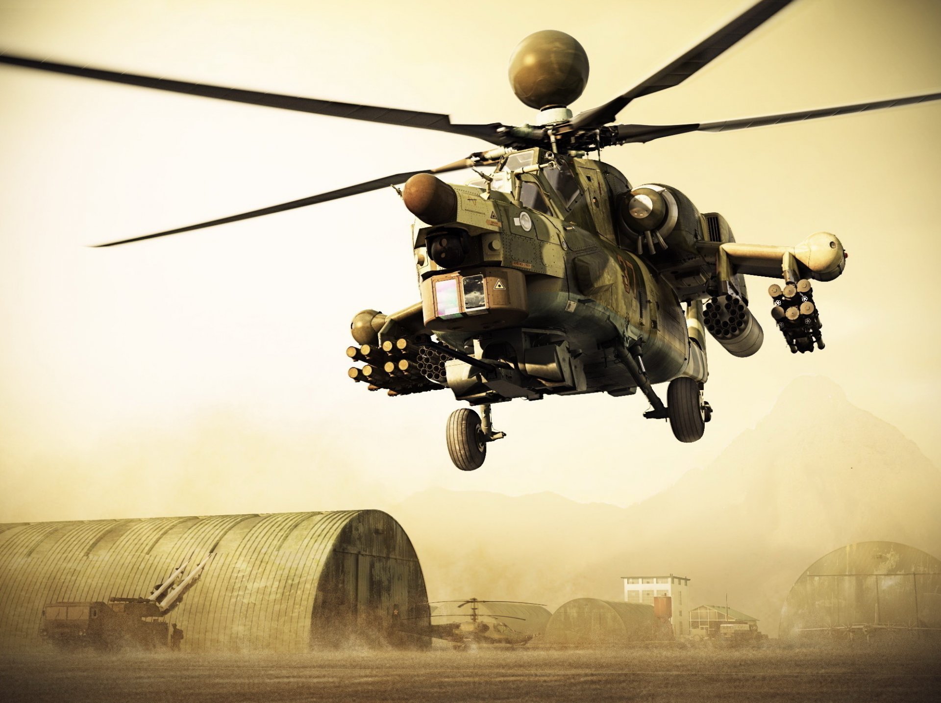 Military helicopter on the background of a military base