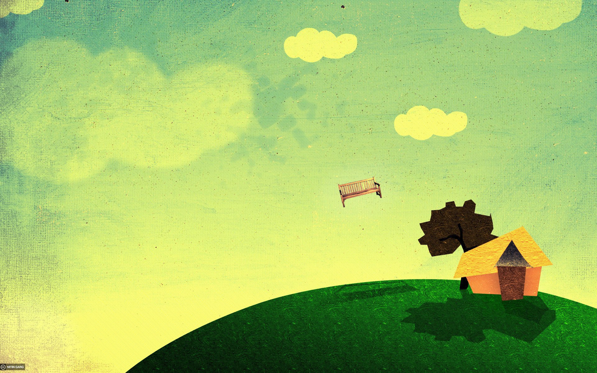 Flying bench in the sky above the hill