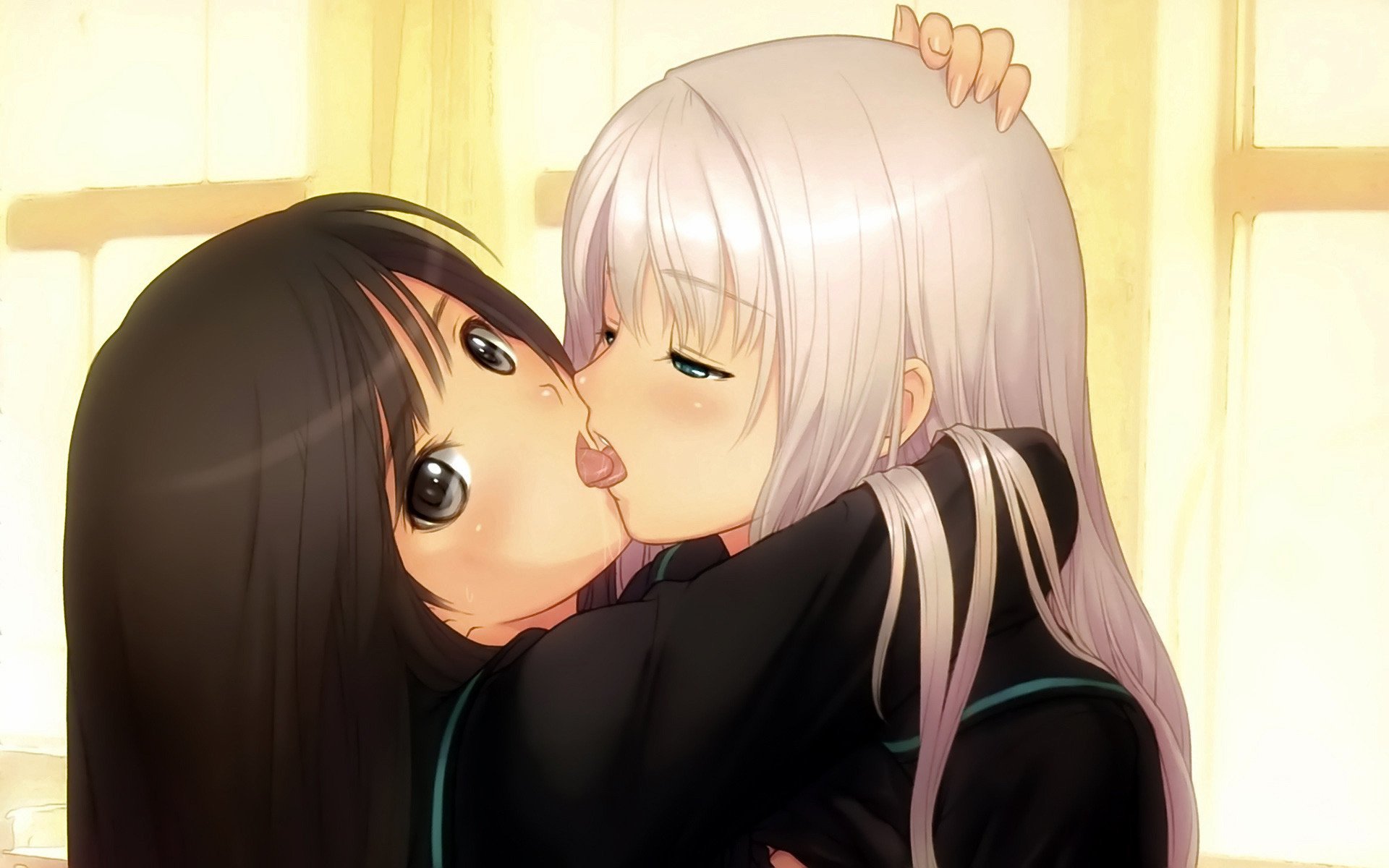 Anime girls kiss on the lips