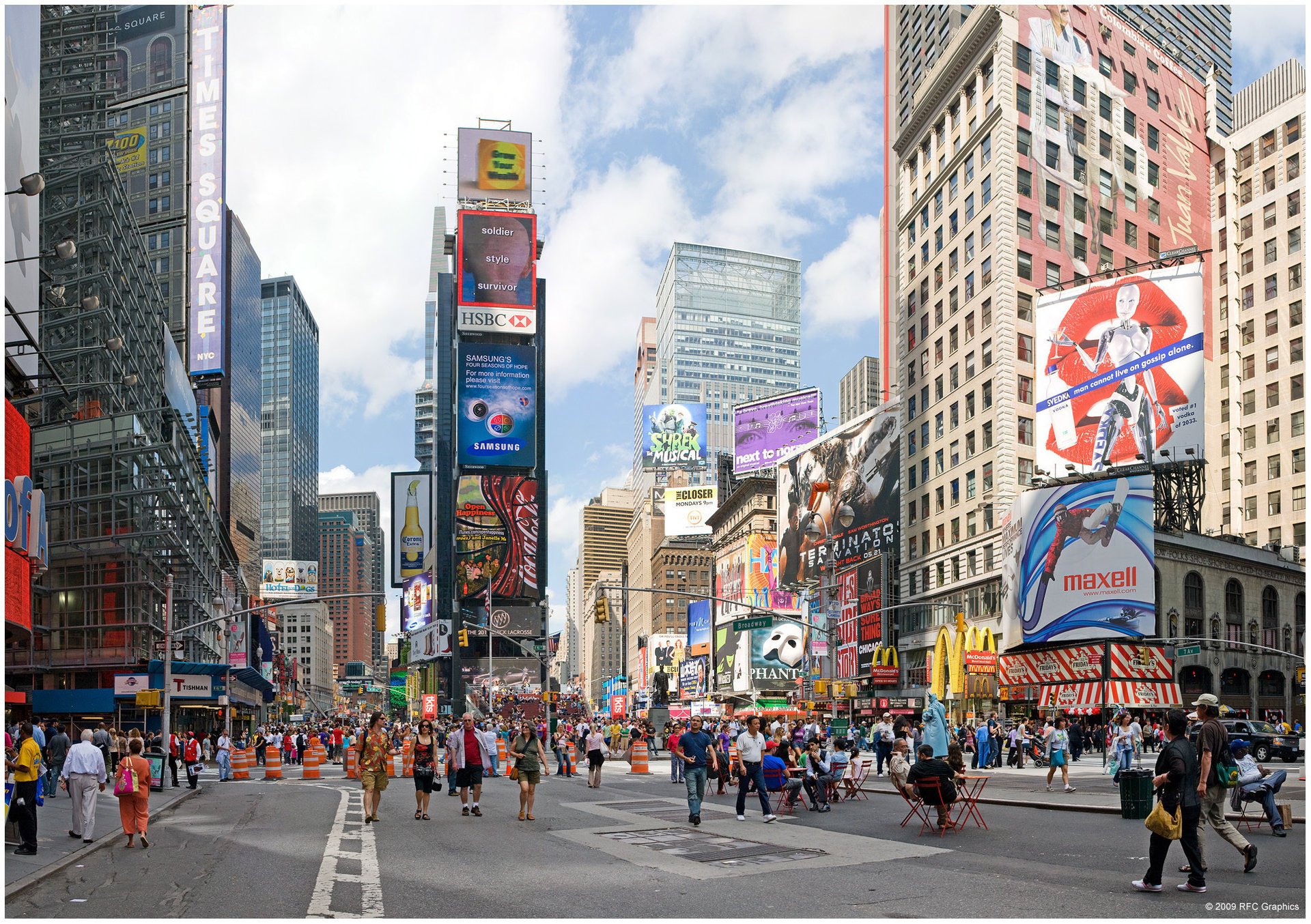 Megalopolis street with skyscrapers, advertisements and pedestrians