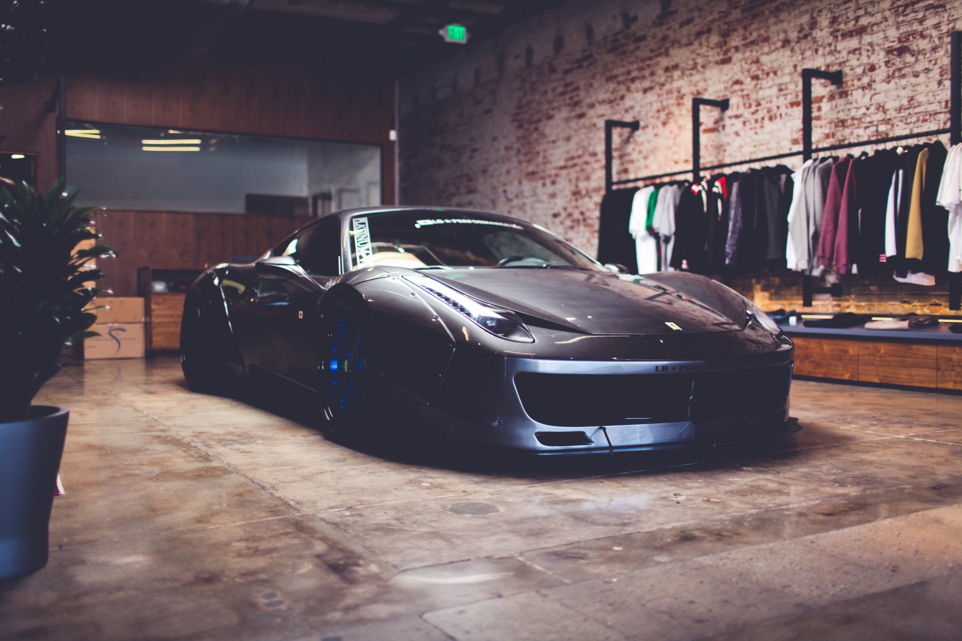 liberty walk 458 ferrari f50 garage clothes exit neon reflection