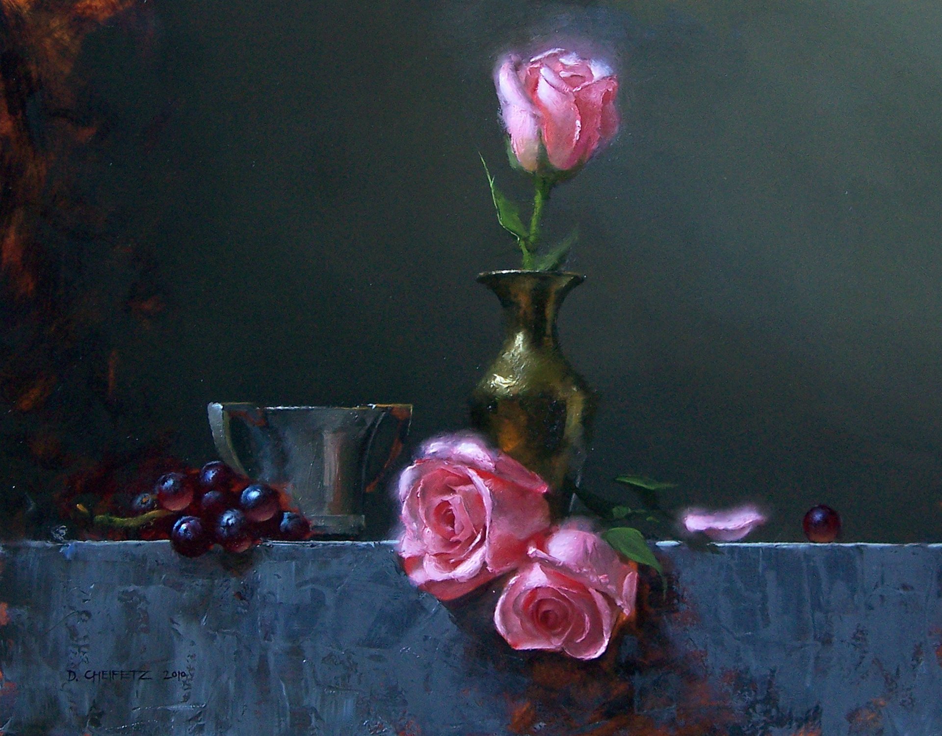 Painting of a vase with roses and a branch of grapes