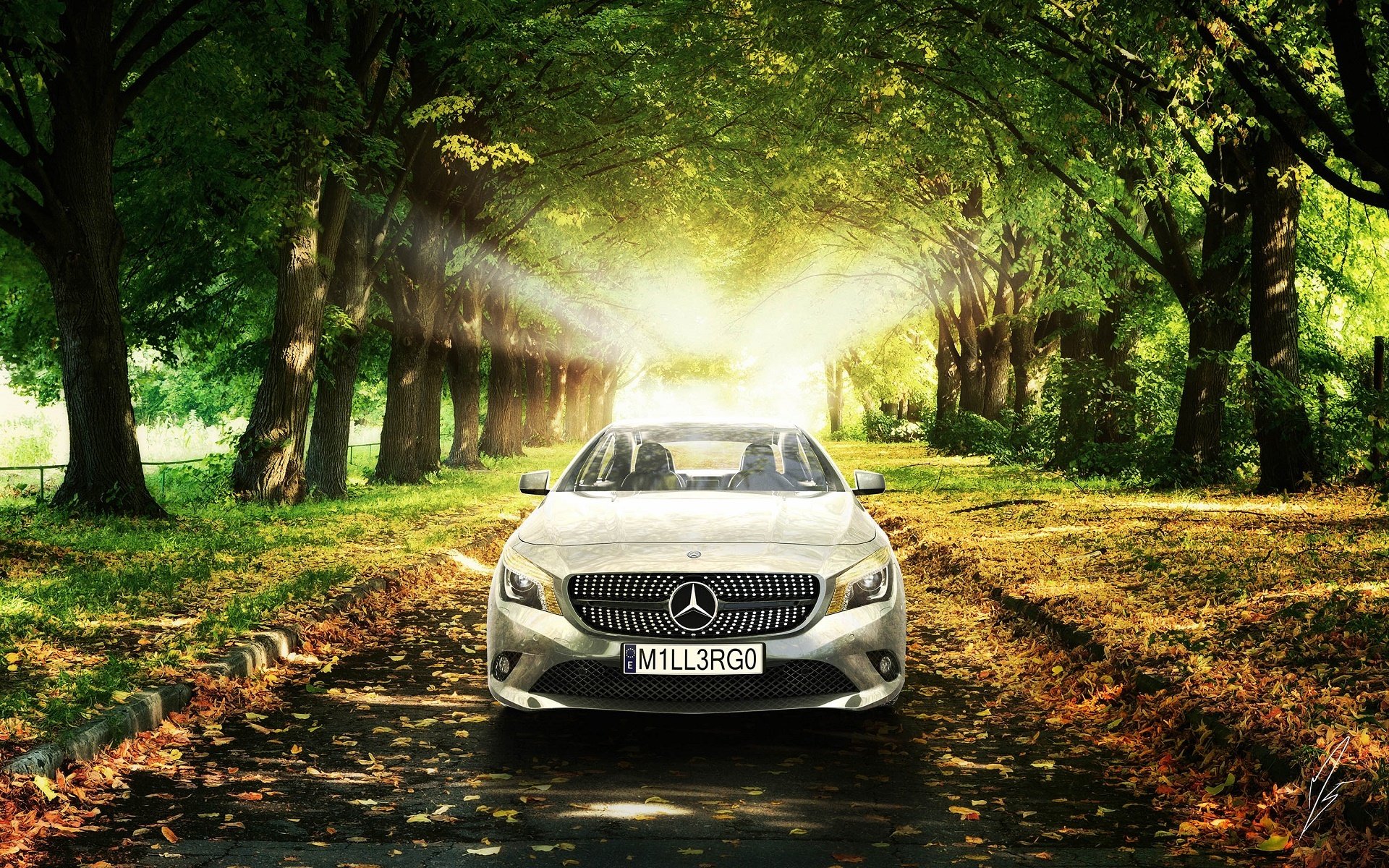 mercedes-benz cla amg car premium class sun trees leaves grass vehicles tree
