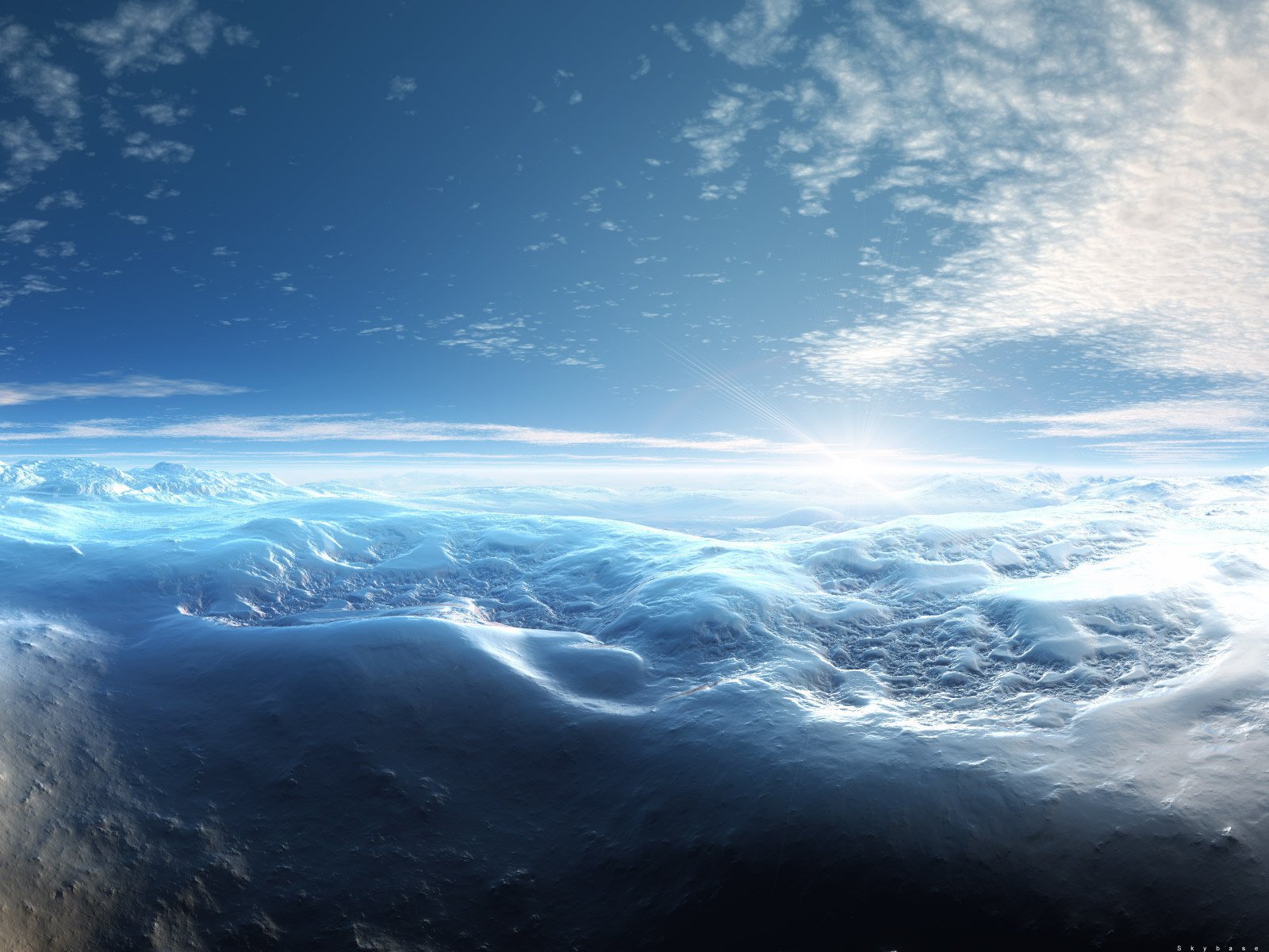 The water surface of the earth under a blue sky with white clouds is illuminated by the sun