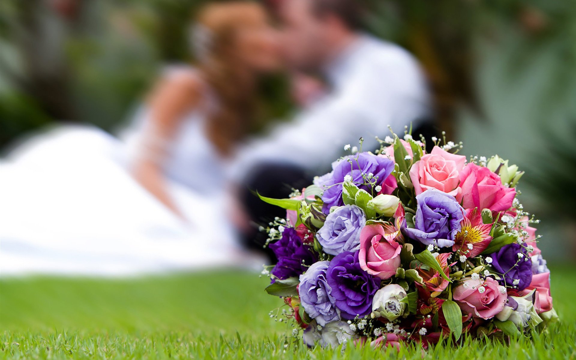 Beautiful bridal bouquet on the grass