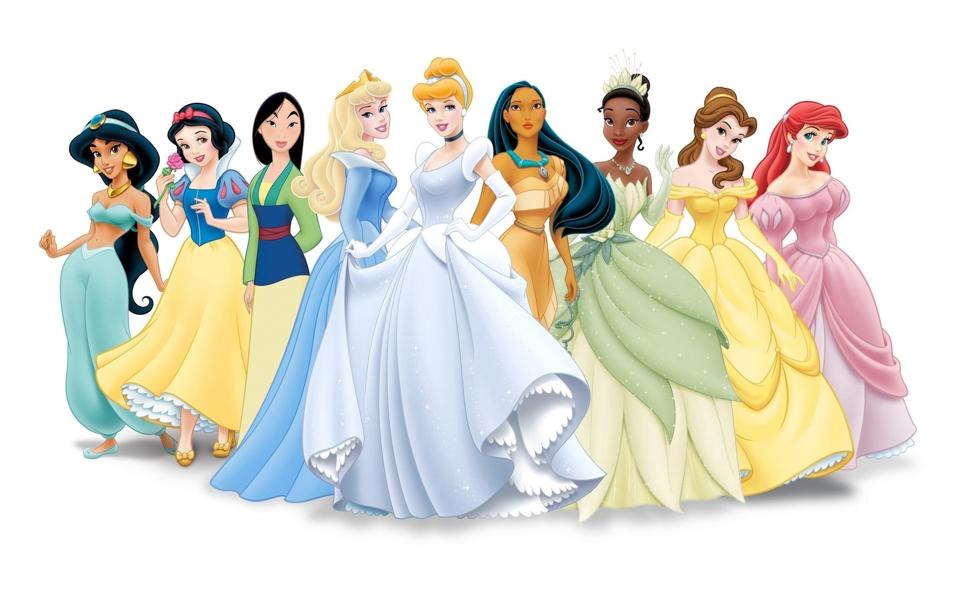 Beautiful princesses in dresses in disney fairy tales