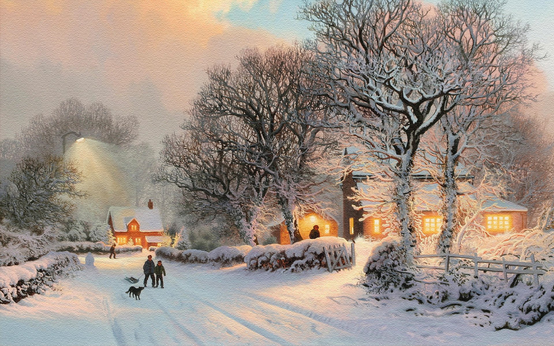 Evening walk in the winter village