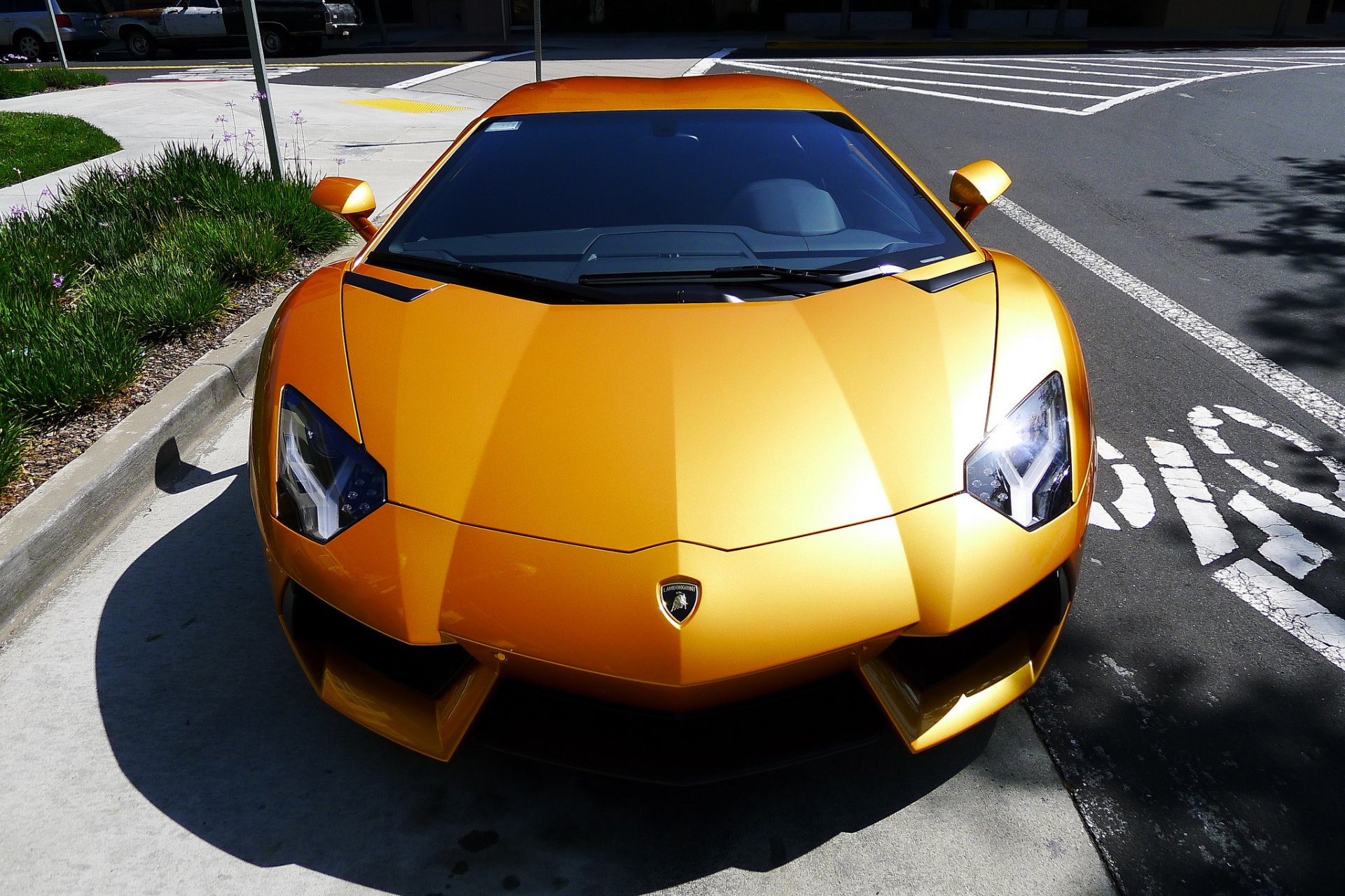 lamborghini aventador lp700-4 yellow top view parking curb grass highlight