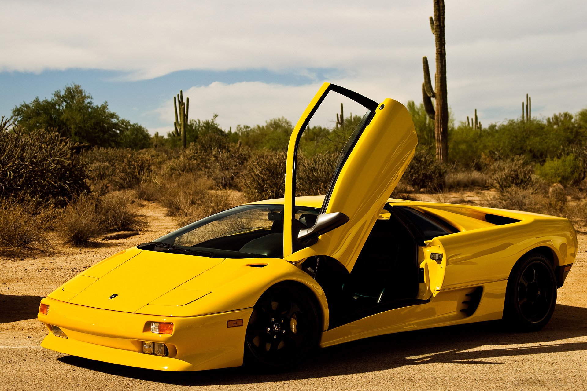 lamborgini diablo yellow desert cactus sky lamborghini