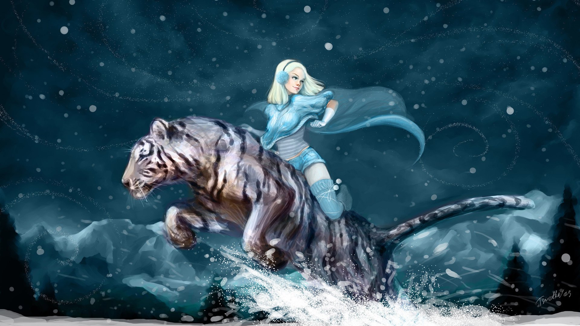 Anime girl riding a white tiger