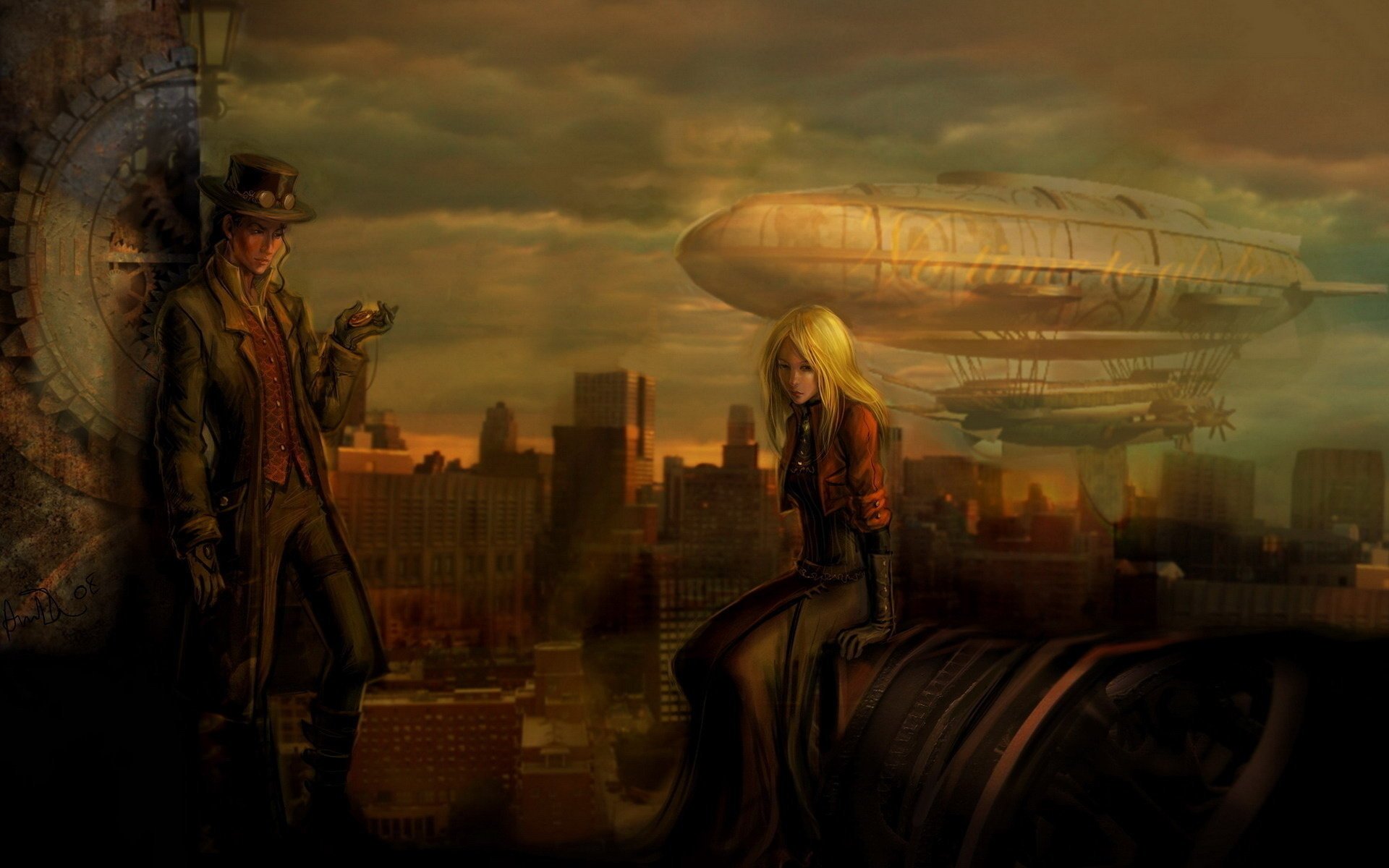 Drawing of a girl and a man. Airship