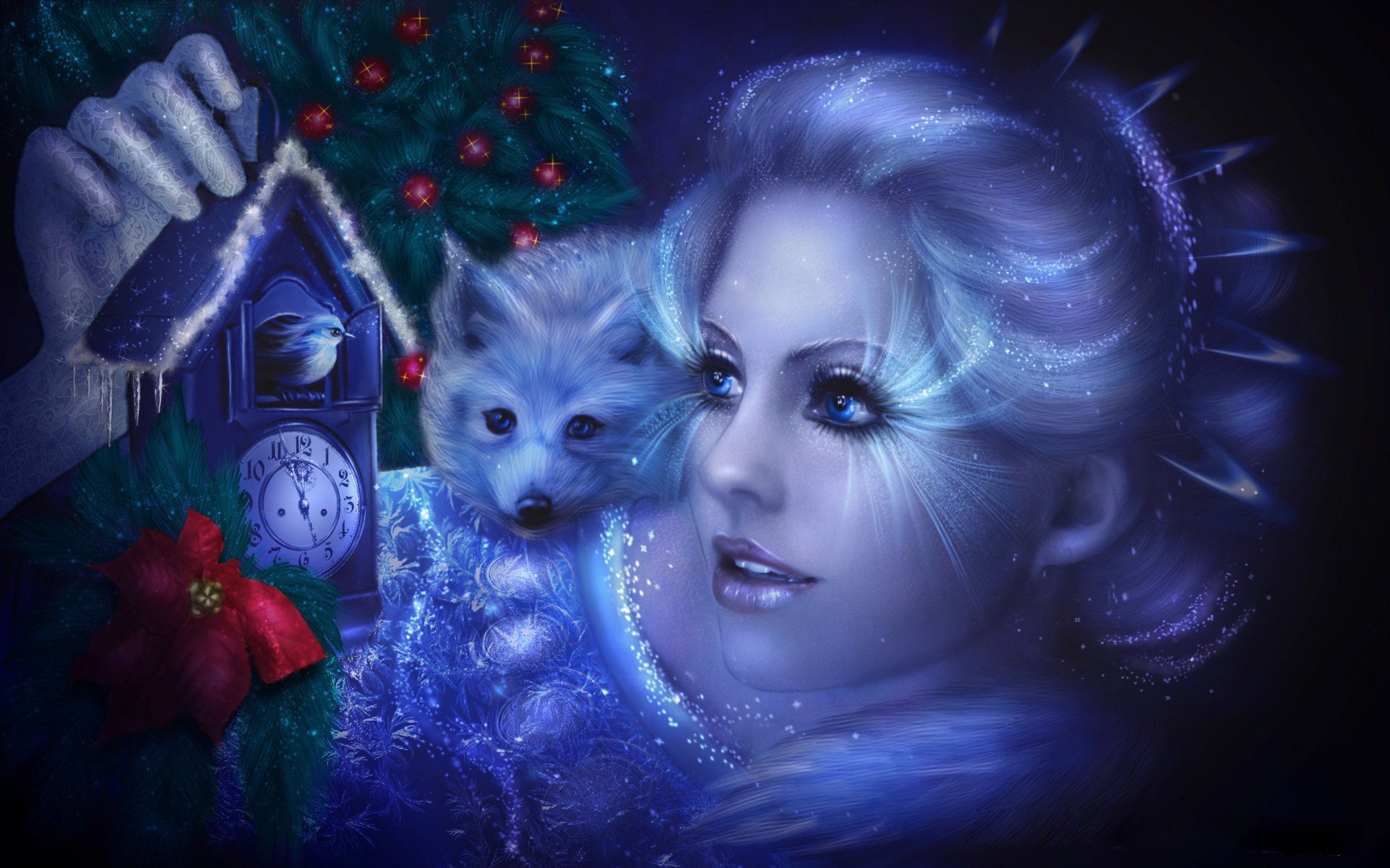 Portrait of a girl with a watch and a small animal on the background of a Christmas tree